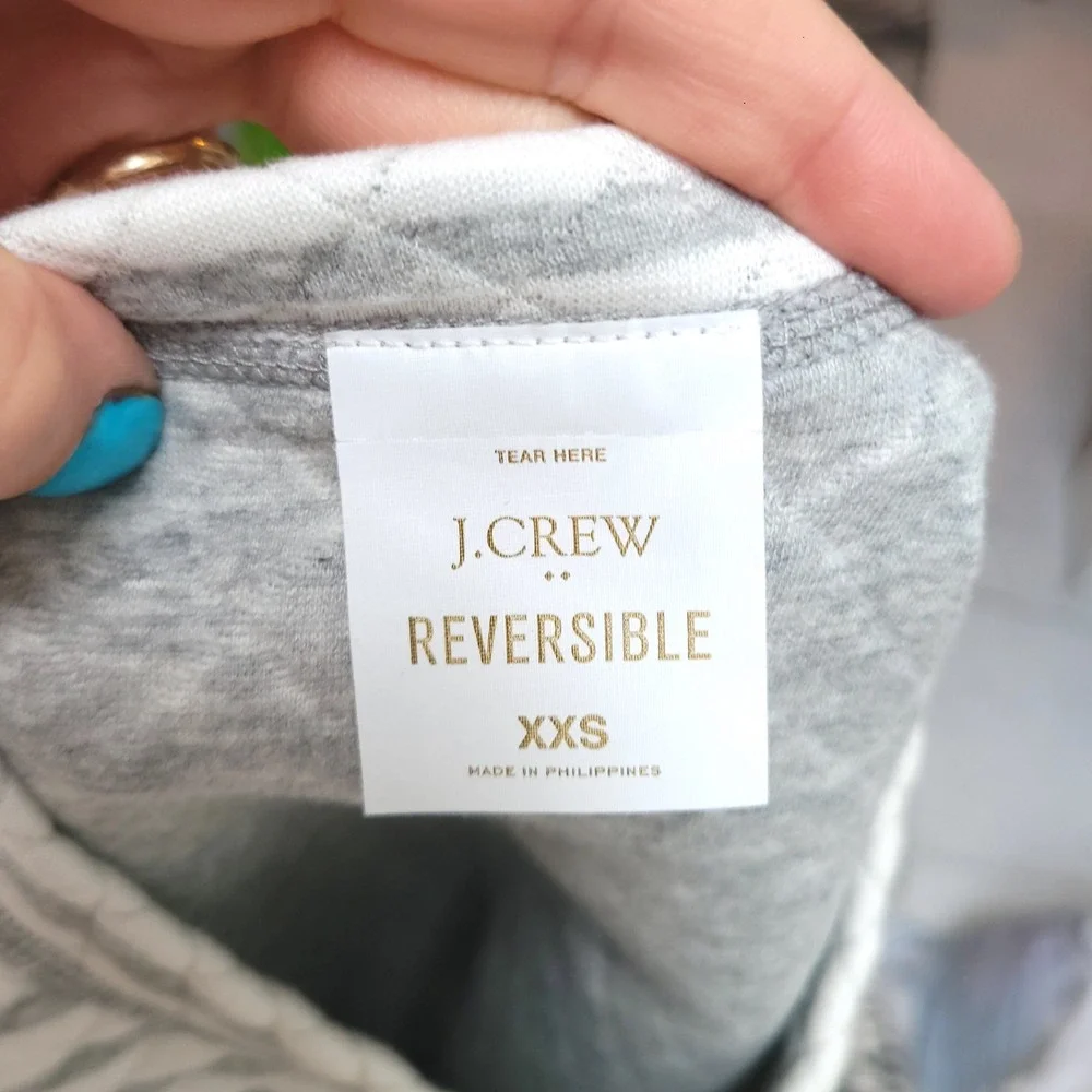 NWT NEW J. Crew Reversible Quilted Pullover Striped Sweatshirt XXS Gray White‎